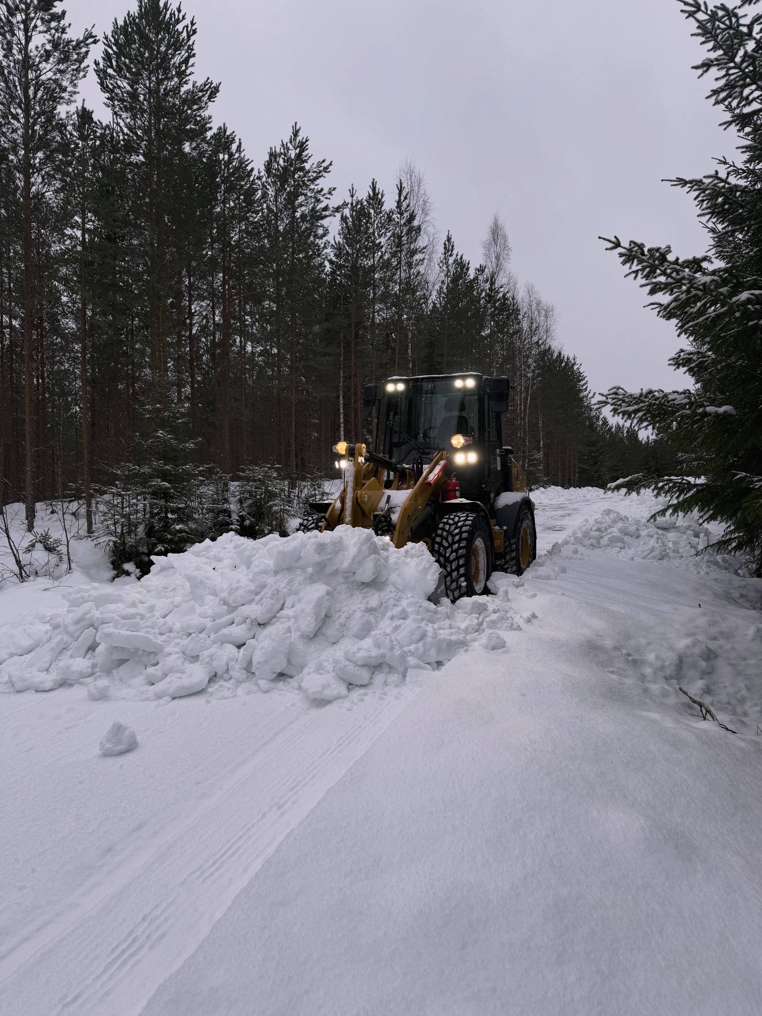 Hjullastare som plogar snö på en skogsväg